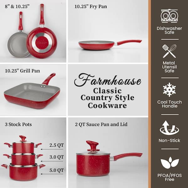 imarku | 16-Piece Aluminum Cookware Sets Pots and Pans Set Nonstick Granite  Coating - Red