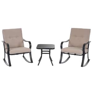 3-Piece Metal Outdoor Bistro Set, Rocking Chairs with Sand Thickened Cushion and Square Glass-Top Coffee Table