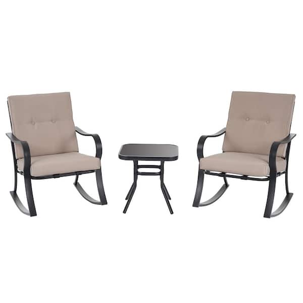 Sonkuki 3-Piece Metal Outdoor Bistro Set, Rocking Chairs with Sand Thickened Cushion and Square Glass-Top Coffee Table