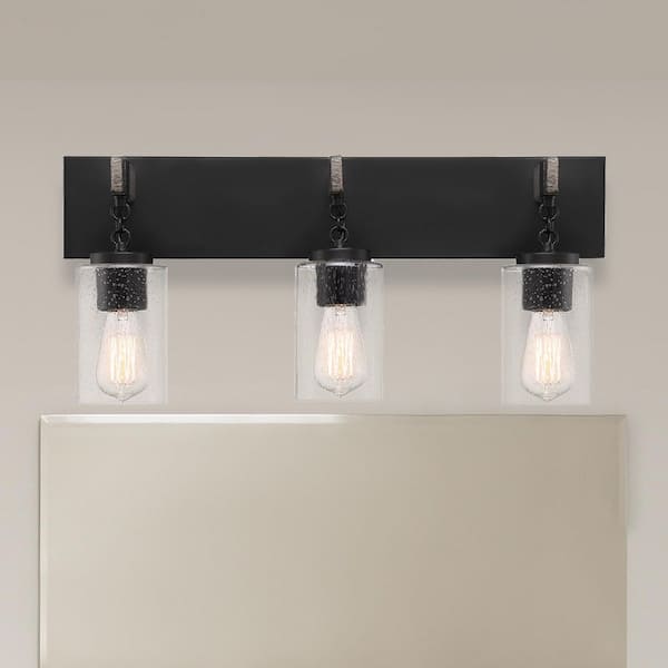 Fulton 24 in. 3-Light Matte Black Industrial Vanity Light with Clear Seedy Glass Shades