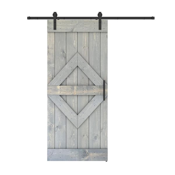 Dessliy Diamond 28 in. x 84 in. Weather Grey Finished Pine Wood Sliding Barn Door with Hardware Kit (DIY)