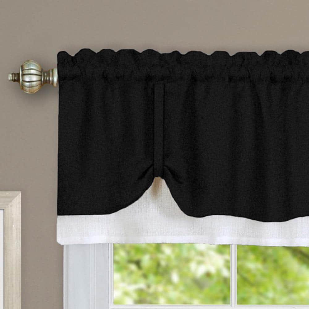 Black and White Polyester Light-Filtering Kitchen Tier Curtains with Valance