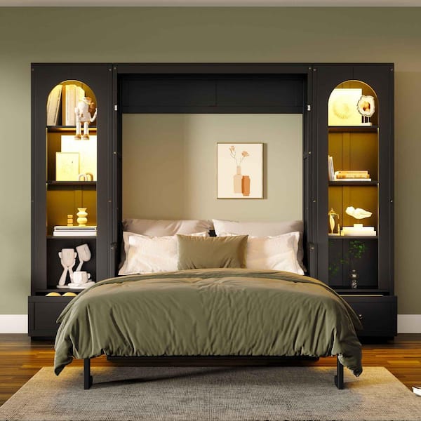 Black Wood Frame Queen Size Murphy Bed with Shelf, Side Cabinets, Drawers and LED