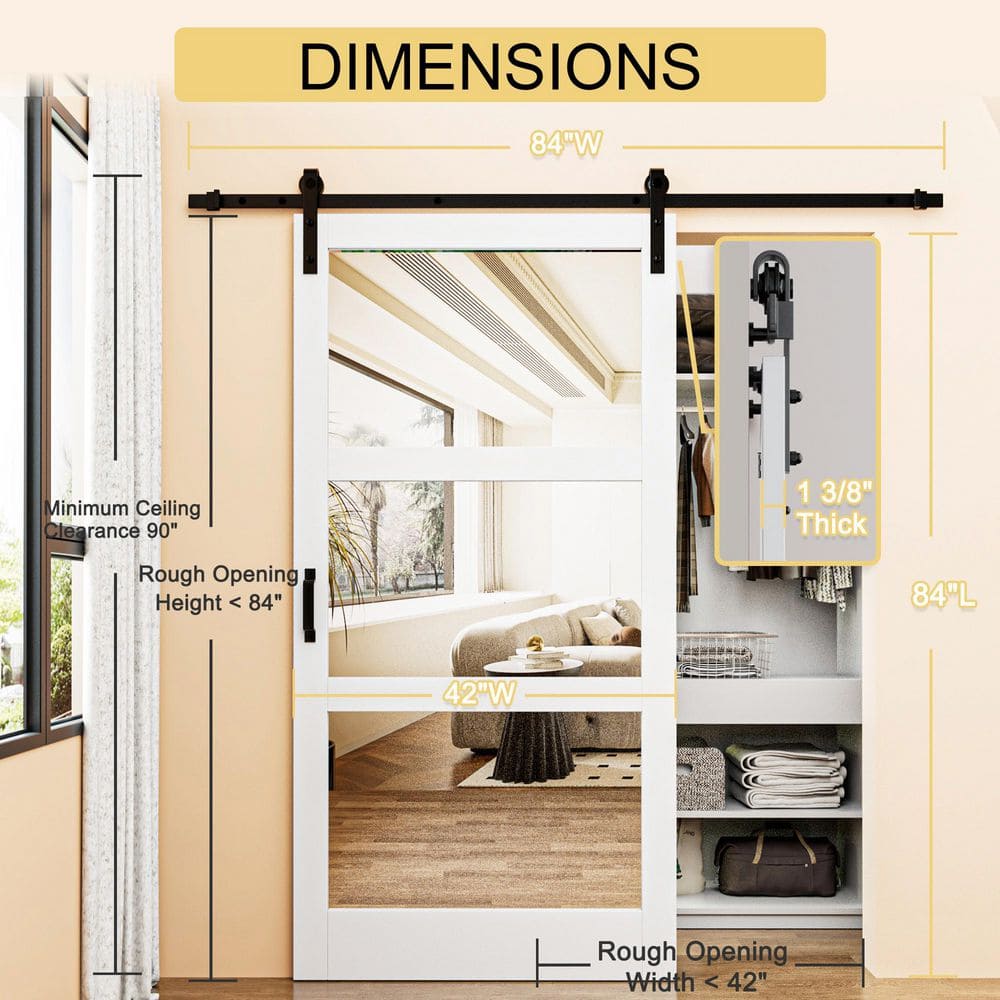 White 42" x 84" 3-Lite Mirrored MDF Barn Door