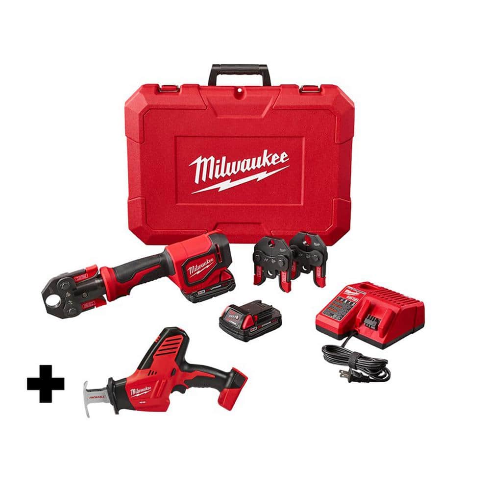 Milwaukee M18 18V Lithium-Ion Cordless Short Throw Press Tool Kit with 3 PEX Crimp Jaws and Hackzall -  2674-22C-262