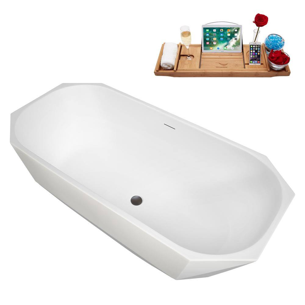 63" Glossy White Acrylic Freestanding Double Slipper Bathtub with Bamboo Tray
