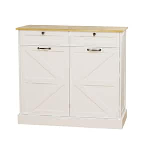 Kitchen Trash Can Storage Cabinet White Wood Tabletop 40 in. Kitchen Island with 2 Drawers & 1 Tilt Out Trash Cabinet