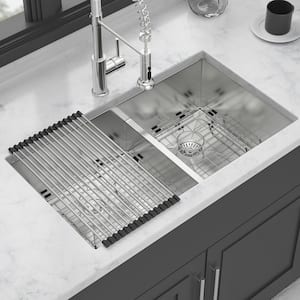 30 in. Undermount Double Bowl(60/40) 16-Gauge Brushed Nickel Stainless Steel Kitchen Sink with Bottom Grids