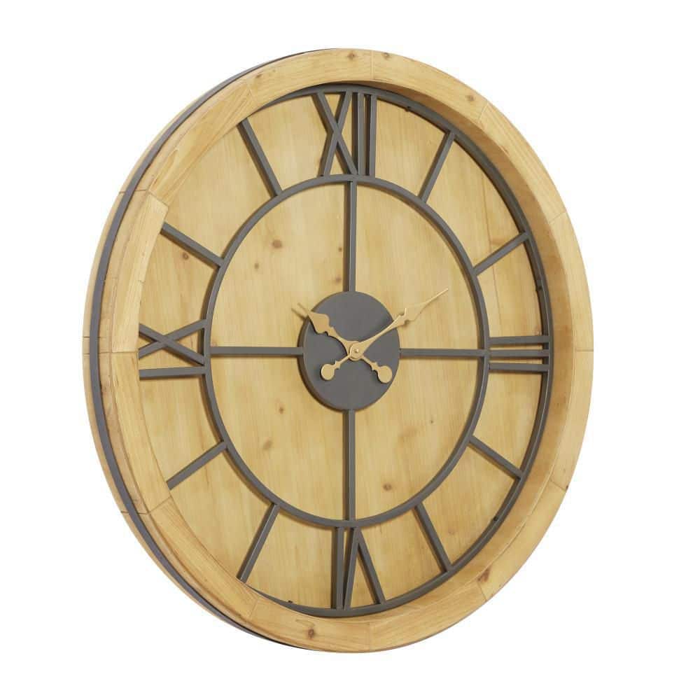 Oversized Brown Mediterranean Wood Wall Clock with Gold Hands