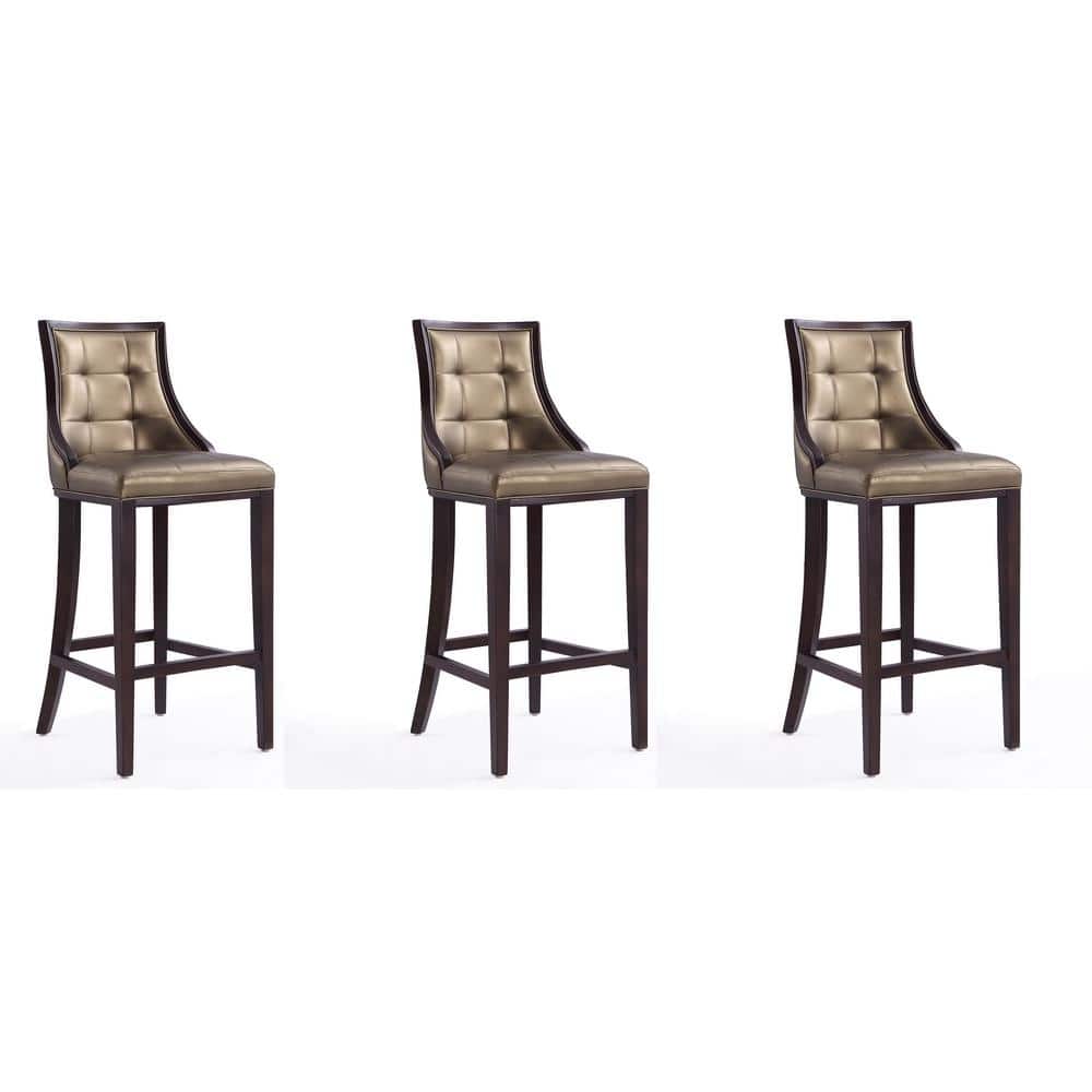 45.5" Walnut and Bronze Wood Leather Barstools Set of 3
