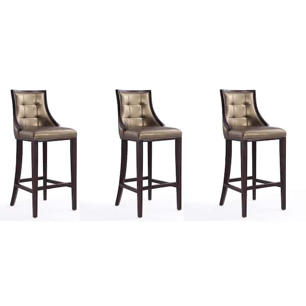 Fifth Avenue 31.5 in. Bronze and Walnut Beech Wood Bar Stool with Faux Leather Upholstered Seat (Set of 3)