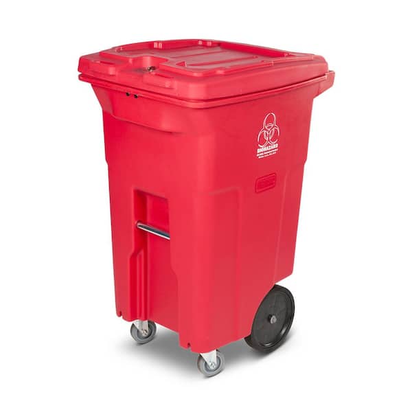 Toter 64 Gal. Red Hazardous Waste Trash Can with Wheels and Lid Lock (2 Caster Wheels 2 Stationary Wheels)