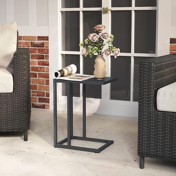 C Shaped End Table w/ Metal Frame Sofa Table for Small Space Indoor Outdoor