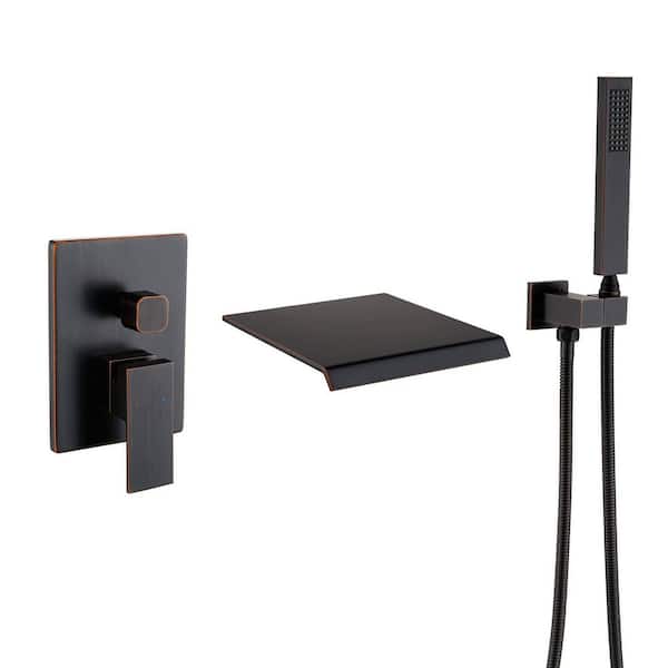 Single-Handle Wall-Mounted Roman Tub Faucet with Hand Shower 3 Hole Waterfall Brass Tub Fillers in Oil Rubbed Bronze