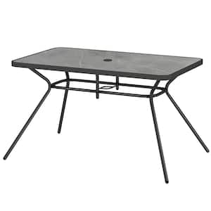Rectangle Metal Outdoor Dining Table 49'' x 29.5'' Marble-Like Tabletop with Umbrella Hole