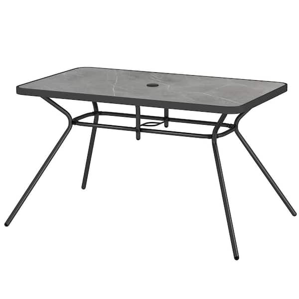 Costway Rectangle Metal Outdoor Dining Table 49'' x 29.5'' Marble-Like Tabletop with Umbrella Hole