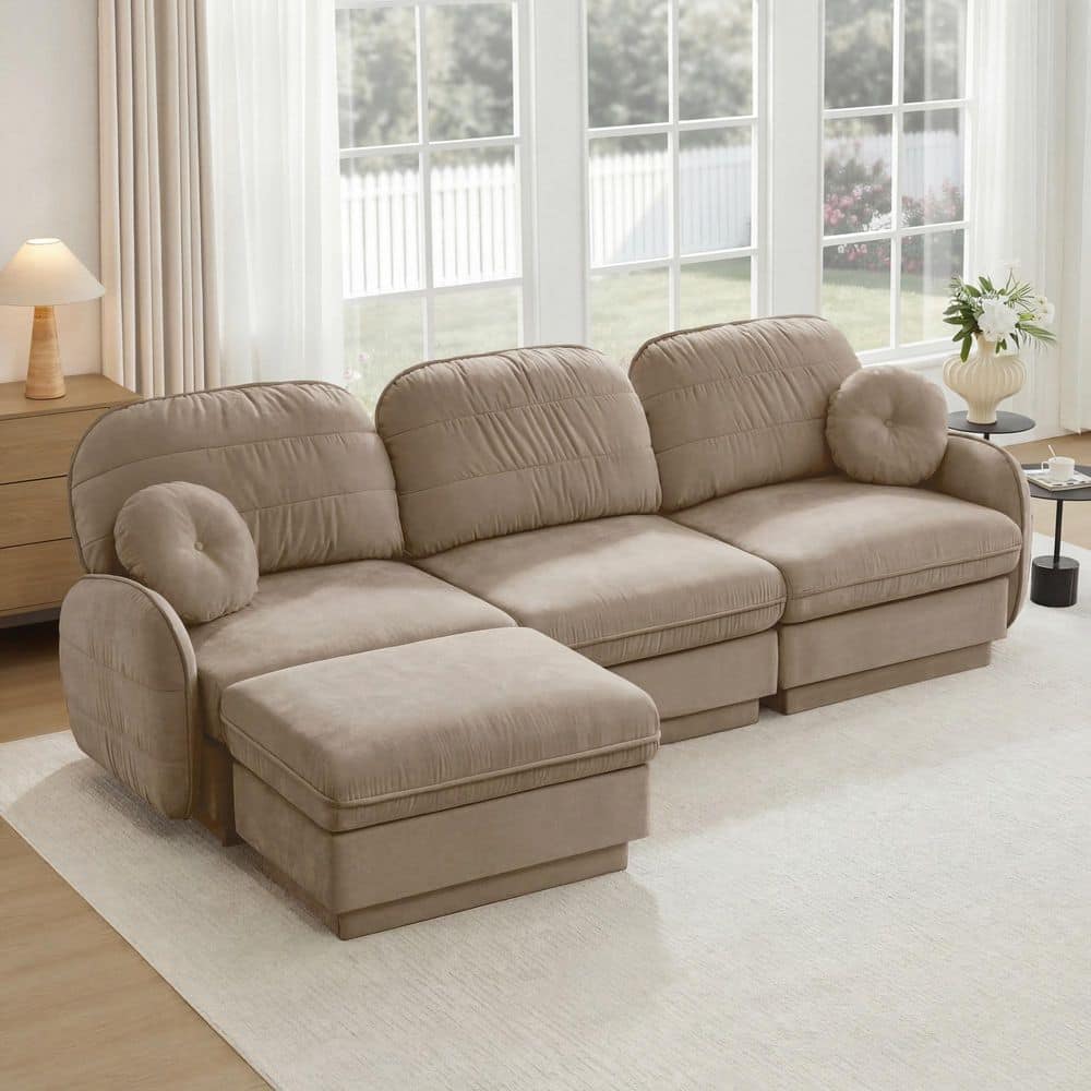 Alina 105.1 in. Flared Arm Chenille L-Shaped Sectional Sofa in Brown with Round Pillows, Ottoman, Light Coffee price history on PriceWatchPro