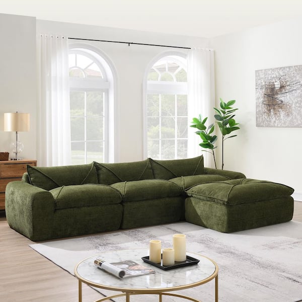 aisword 116 in. No Assembly Required Chenille Sectional Sofa in Green with Ultra High-Density Foam, Legless Design Without Frame