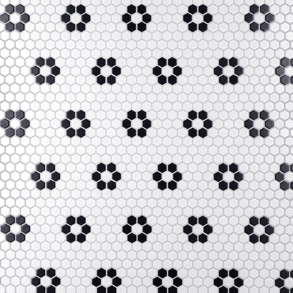 Hex Matte White with Black Flower Porcelain Mosaic Wall and Floor Tile