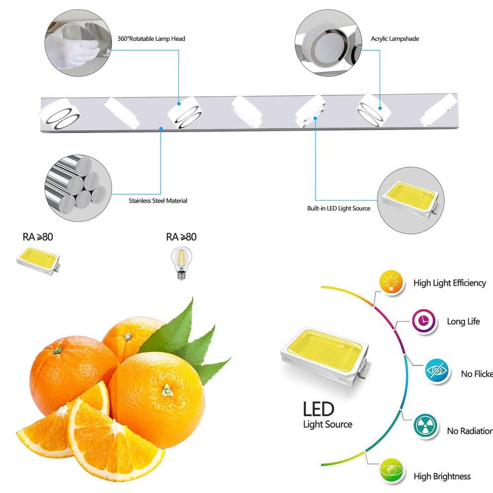 Modern Chrome 52.2-Inch Dimmable LED Vanity Light with Acrylic Shades