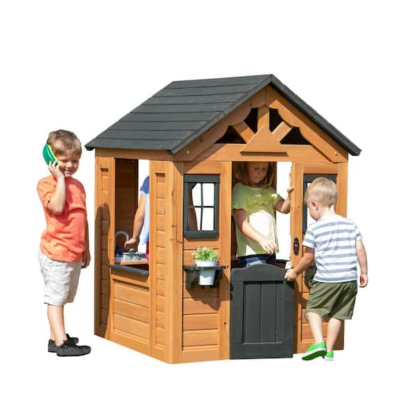 Backyard Discovery Sweetwater Indoor Outdoor All Cedar Wooden Kids Playhouse w/Play Sink, Kitchen, Cooktop, Working Doorbell and Play Phone
