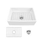 White Fireclay 27 in. Single Bowl Farmhouse Apron Kitchen Sink with Basin Rack and Drain Assembly