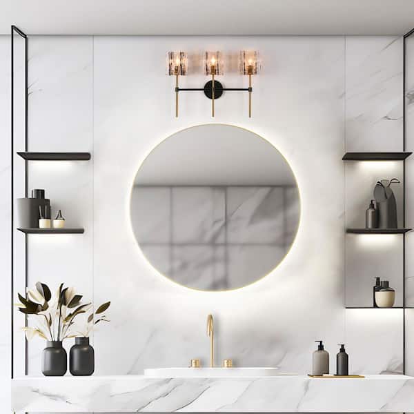 Echonalyri Modern 3-Light Matte Glam Black and Plating Brass Vanity Light with Geometric Textured Glass Shades