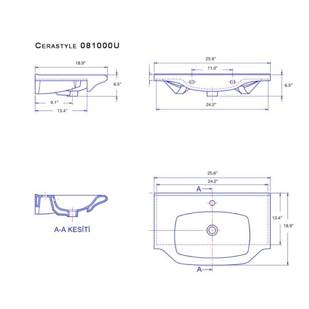 Yeni Klasik White Ceramic Rectangular Wall-Mounted Sink