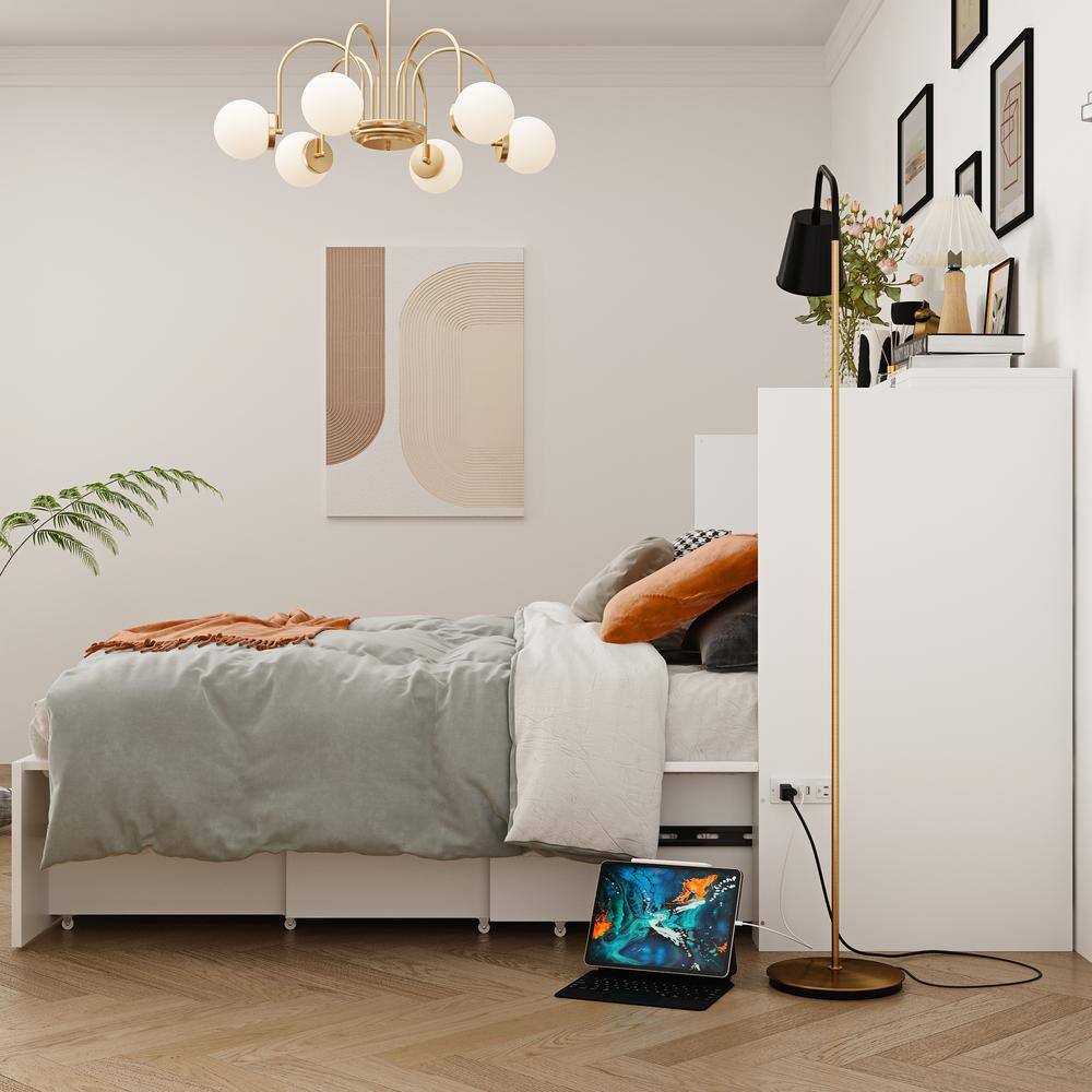 White Wooden 55.1 in. W Chest of Drawers, Can Convertible to Full Size Bed with USB Charging Station and Wheels - thumbnail 8