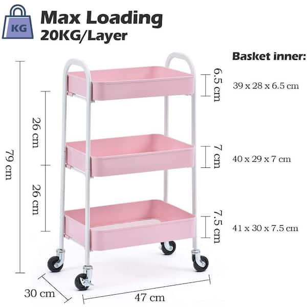 Pink 3 Tier Metal Rolling Cart Foldable Utility Cart Free Installation Storage Cart Pink Rolling Cartfor Bathroom Kitchen Office Home