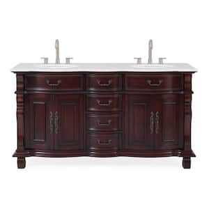 Hopkinton 64 in.W x 22 in.D x 36 in. H Double sink Bath Vanity in Brown With White porcelain Sink and White Marble Top