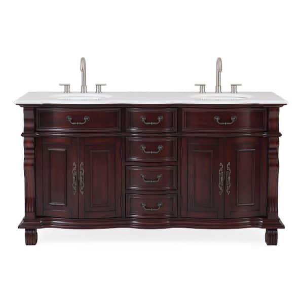 Benton Collection Hopkinton 64 in.W x 22 in.D x 36 in. H Double sink Bath Vanity in Brown With White porcelain Sink and White Marble Top