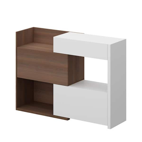 FUFU&GAGA 40.5 in. H x 58.4 in. W White and Brown Wooden Grain Wood Shoe Storage Bench 1 Drawer, 3 Open Shelf and 4 Shelf in Door