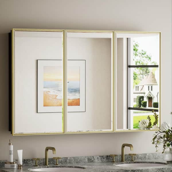 48 in. W x 30 in. H Rectangular Gold Metal Framed Beveled Surface Mount/Recessed Medicine Cabinet with Mirror