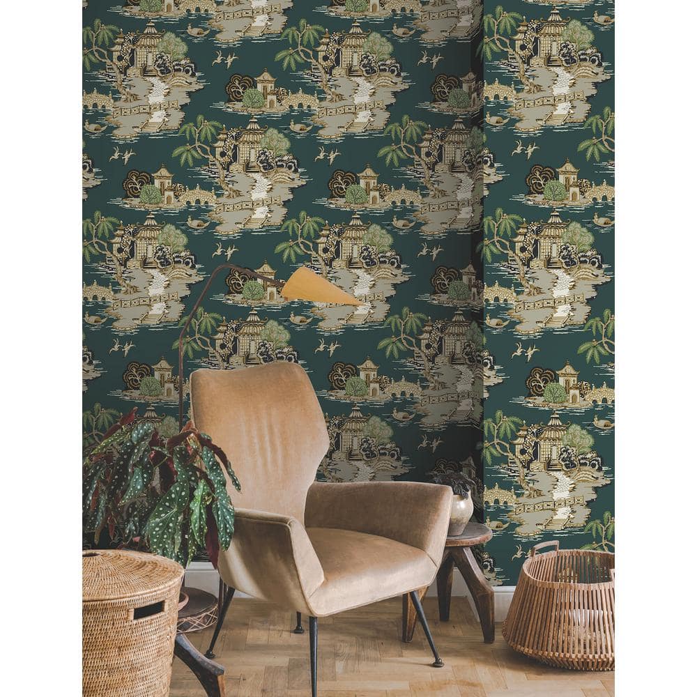 Teal and White Asian Waves Peel and Stick Wallpaper Roll
