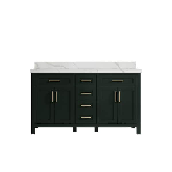 Willow Collections Cambridge 60 in. W x 22 in. D x 36 in. H Double Sink Bath Vanity in Dark Green with 2 in. Calacatta Quartz Top