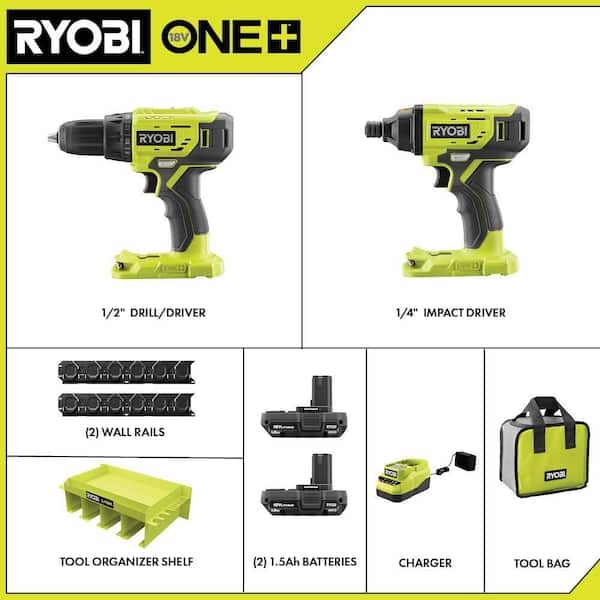 RYOBI ONE+ 18V Cordless 2-Tool Combo Kit with Drill/Driver, Impact Driver,  (2) 1.5 Ah Batteries, and Charger PCL1200K2 - The Home Depot