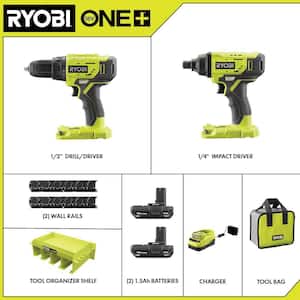 ONE+ 18V Cordless 2-Tool Combo Kit w/ Drill/Driver, Impact Driver, Batteries, Charger, LINK Organizer Shelf & Wall Rails