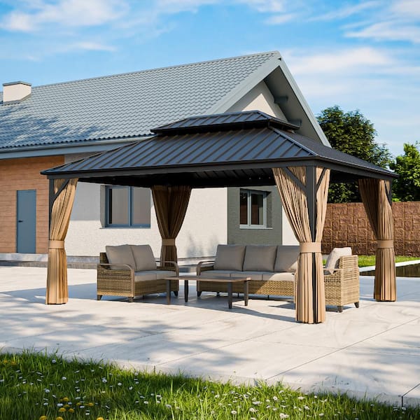 14 ft. W x 12 ft. D Outdoor 2-Tier Hardtop Gazebo w/ Privacy Curtain Mosquito Net Aluminum Frame Dual-Roof Ceiling Hook