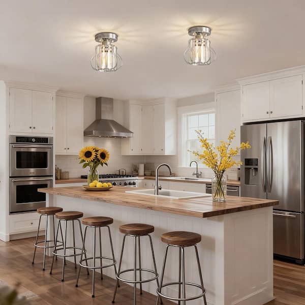Light Mellow 「Sunshine」 YANSUN 7 in. 1-Light Nickel Pear Crystal Mini Ceiling Light, Round