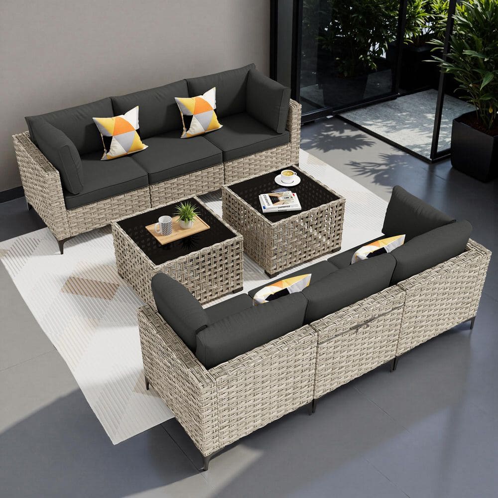 Cozy 8-Pieces Wicker Patio Conversation Seating Sofa Set with Black Cushions