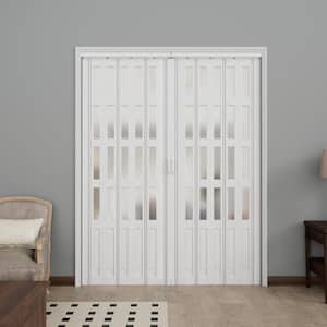 76 in. x 78.75 in. White 4-Lite Imitation Frosted Glass Acrylic Vinyl Accordion Door with Hardware