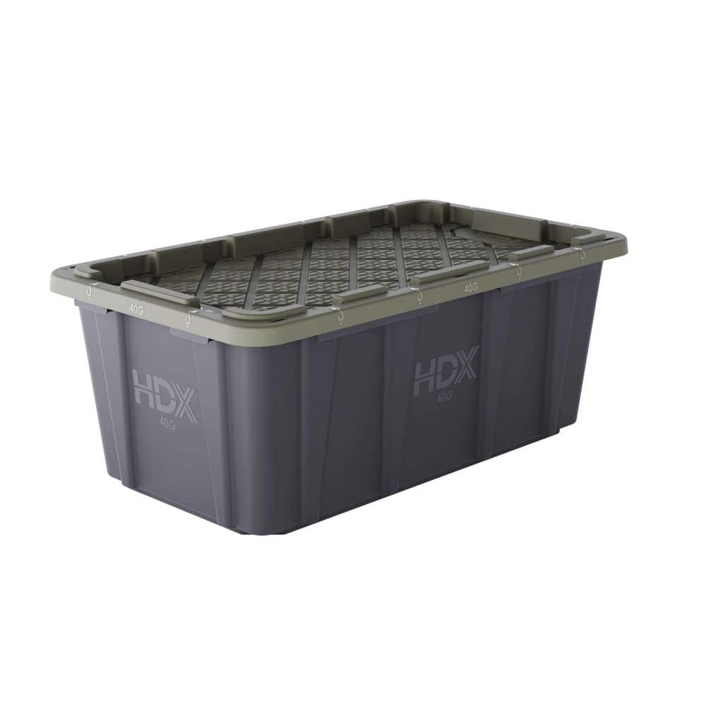 HDX 40 gal. Tough Storage Tote in Black with Army Green Lid 999