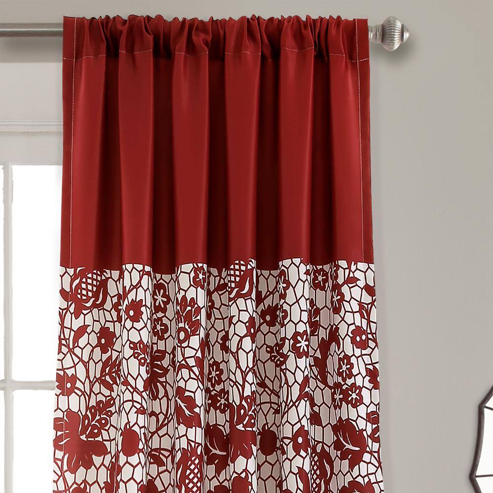 Red and White Floral Lace Detail Blackout Curtain Panels