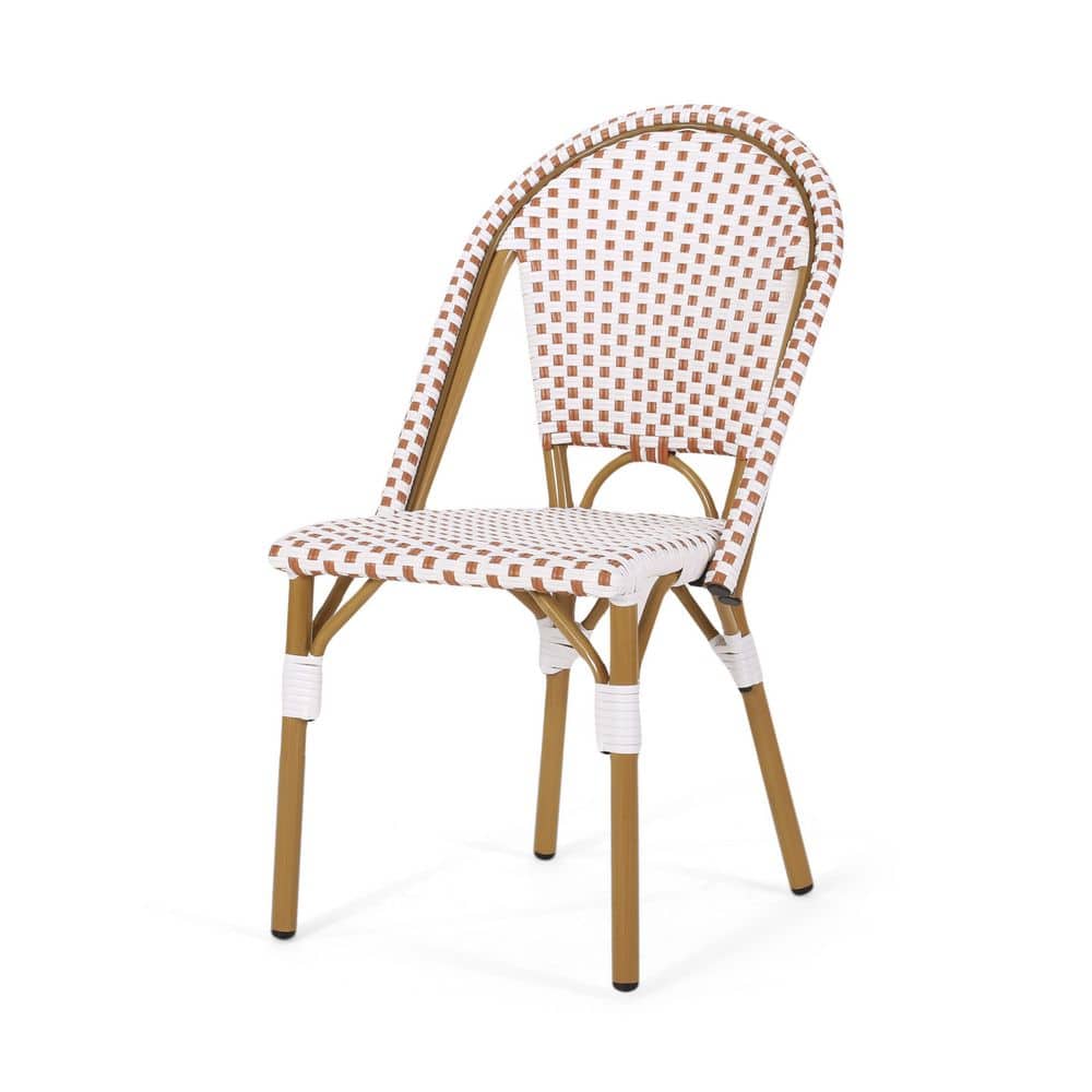 Rust Orange and White Bamboo Print Armless Outdoor Bistro Chairs, Set of 2