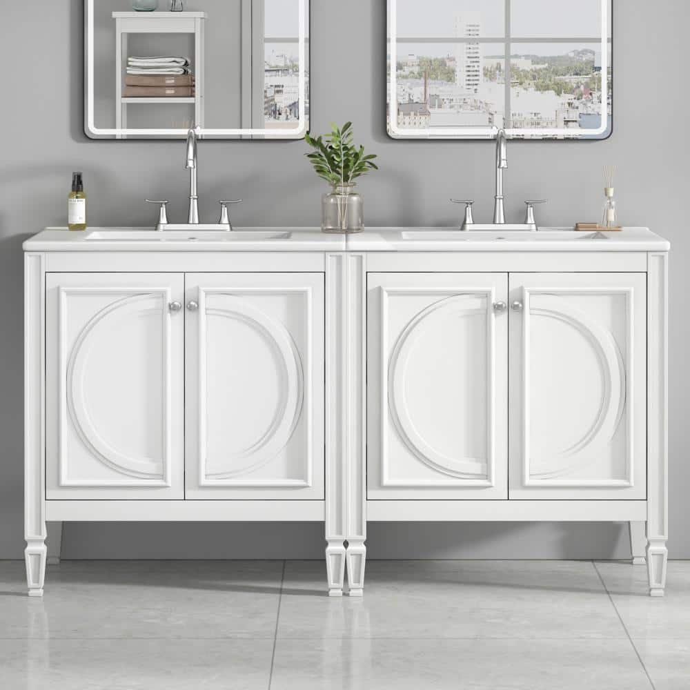 60 in.Double Sink White Fluted Freestanding Bathroom Vanity with White Ceramic Top,4 Soft-Close Door,2 Drawer price history on PriceWatchPro