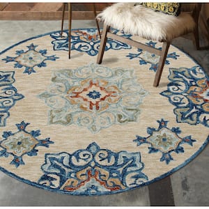 Bella Beige/Blue 4 ft. 10 in. x 4 ft. 10 in. Eclectic Hand-Tufted Medallion 100% Wool Round Area Rug