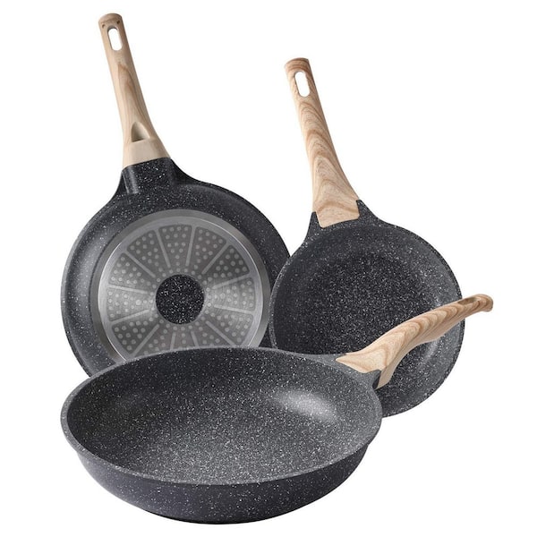 3-Piece Granite Nonstick Frying Pan Set with Titanium Coating, Scratch Resistant, Induction Compatible, Healthy