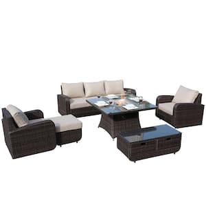 Diane Brown 6-Piece Square Wicker Stainless Steel Fire Pit Seating Set with Beige Cushions
