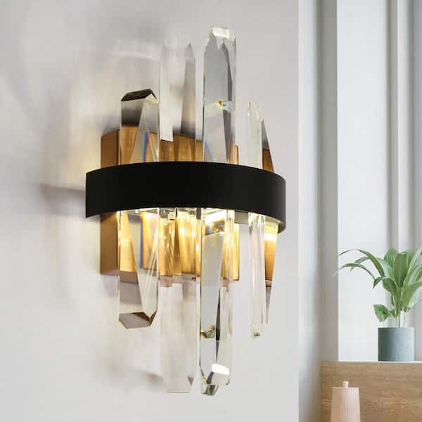 LNC Combrocollia Glam 7 in. 1-Light Matte Black and Plating Brass LED Wall Sconce with Crystal Strips